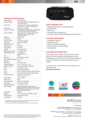 Page 2SHIPS STANDARD WITH:
•	Wireless	Remote	Control	(including	batteries)
•	Co mputer
	Ca
 ble
•	Power
	Co

rd
•	User
	Gu

ide
	(M
 ulti
	La
 nguage
	CD
 )
•	Quick
	Sta

rt,
	Saf
 ety,
	War
 ranty
	&	Reg
 istration
	Car
 ds
	(pr
 inted)
OPTIONAl AcceSSOR IeS
•	Ceiling	Mount,	Wall	arm
•	Pr ojection
	Sc
 reens
•	Performance
	Ca

bles
	&	Ad
 aptors
•	InFocus
	Li

teShow
	II	Wi
 reless
	Ad
 aptor
•	Carrying
	Ca

ses
lONG TeRm cuSTOmeR cARe
If	you’re	happy,	InF ocus	is	hap py.		Tha t’s	why	eve ry	InF ocus	XS1...