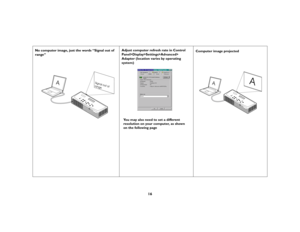 Page 1816
No computer image, just the words “Signal out of 
range” Adjust computer refresh rate in Control 
Panel>Display>Settings>Advanced>
Adapter (location varies by operating 
system)Computer image projected
A
Signal out of
range
You may also need to set a different 
resolution on your computer, as shown
on the following page
A
A 
