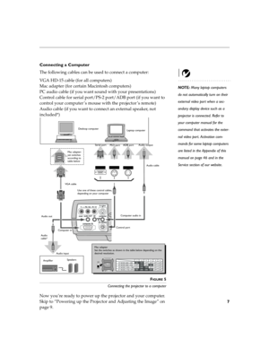 Page 157
Connecting a Computer
The following cables can be used to connect a computer:
NOTE: Many laptop computers 
do not automatically turn on their 
external video port when a sec-
ondary display device such as a 
projector is connected. Refer to 
your computer manual for the 
command that activates the exter-
nal video port. Activation com-
mands for some laptop computers 
are listed in the Appendix of this 
manual on page 46 and in the 
Service section of our website.
VGA HD-15 cable (for all computers)...