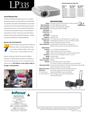 Page 2REGISTERED
Award-Winning Style
The InFocus LP335 packs tremendous ease-of-use in a compact,
award-winning design. Auto-sensing electronics instantly identify
your computer’s video signal and automatically set up your picture.
A manual zoom lens and one-touch elevator foot give you perfect
image placement and focus. And, our Executive Plus Remote lets
you interact with your audience while you run your presentation
from anywhere in the room. These are just some of the features
that have earned the InFocus...