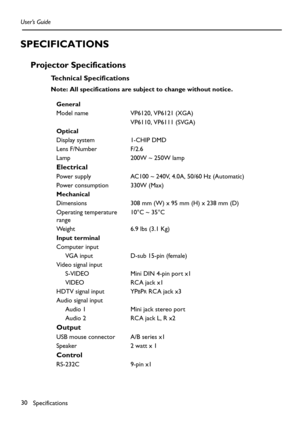 Page 30Specifications 30 User’s Guide
SPECIFICATIONS
Projector Specifications 
Technical Specifications
Note: All specifications are subject to change without notice. 
General
Model name VP6120, VP6121 (XGA)
VP6110, VP6111 (SVGA)
Optical
Display system 1-CHIP DMD
Lens F/Number F/2.6
Lamp 200W ~ 250W lamp
Electrical
Power supply AC100 ~ 240V, 4.0A, 50/60 Hz (Automatic)
Power consumption 330W (Max)
Mechanical
Dimensions 308 mm (W) x 95 mm (H) x 238 mm (D)
Operating temperature 
range10°C ~ 35°C
Weight 6.9 lbs...