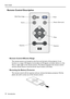 Page 10Introduction 10 User’s Guide
Remote Control Description   
Remote Control Effective Range
The remote sensors are located on the front and the back of the projector. It can 
function in a range of 30 degrees horizontally and 30 degrees vertically relative to a line 
that is a right angle to the remote sensors. The distance between the remote control 
and the remote sensors must be shorter than 6 meters (19.5 feet).  
Removing the Battery Protector
The remote control will not operate until you remove the...