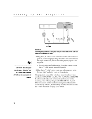 Page 1410
Setting up the Projector
F
IGURE 8
Connecting the projector to a video player using an S-video cable and the audio con-
nectors on the standard A/V cable
4Plug the A/V cable’s white connector into the left “audio out” 
port on your video player. Plug the cable’s red connector into 
the right “audio out” port on the video player (Figure 7 and 
Figure 8).
CAUTION: Your video player
may also have a “Video Out” port
for a coaxial cable connection.
DO NOT use this to connect to the
projector.•
If you’re...