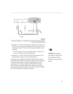 Page 169
FIGURE 8
Connecting the projector to a video player using an S-video cable and the audio con-
nectors on the standard A/V cable
4Plug the A/V cable’s white connector into the left “audio out” 
port on your video player. Plug the cable’s red connector into 
the right “audio out” port on the video player (Figure 7 and 
Figure 8).
CAUTION: Your video player 
may also have a “Video Out” port 
for a coaxial cable connection. 
DO NOT use this to connect to the 
projector. 
If you’re using an S-video cable,...