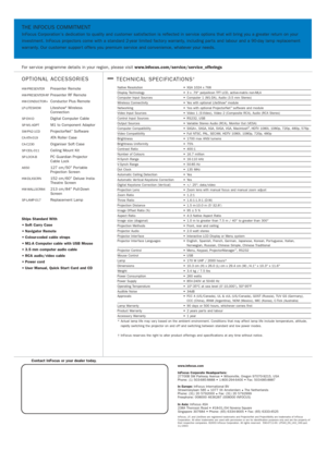 Page 4THE INFOCUS COMMITMENT 
InFocus Corporation’s dedication to quality and customer satisfaction is reflected in ser vice options that will bring you a greater return on your
investment. InFocus projectors come with a standard 2-year limited factor y warranty, including par ts and labour and a 90-day lamp replacement
warranty. Our customer suppor t of fers you premium ser vice and convenience, whatever your needs.
For ser vice programme details in your region, please visit...