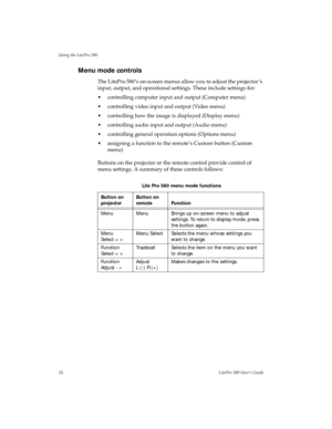 Page 28Using the LitePro 580
24LitePro 580 User’s Guide
Menu mode controls
The LitePro 580’s on-screen menus allow you to adjust the projector ’s 
input, output, and operational settings. These include settings for:
• controlling computer input and output (Computer menu)
• controlling video input and output (Video menu)
• controlling how the image is displayed (Display menu)
• controlling audio input and output (Audio menu)
• controlling general operation options (Options menu)
• assigning a function to the...