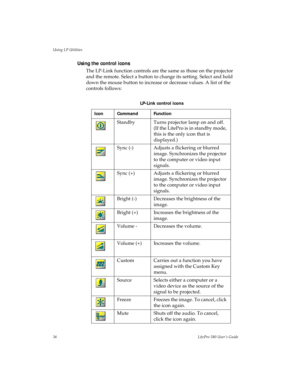 Page 39Using LP Utilities
36LitePro 580 User’s Guide
Using the control icons
The LP-Link function controls are the same as those on the projector 
and the remote. Select a button to change its setting. Select and hold 
down the mouse button to increase or decrease values. A list of the 
controls follows:
 LP-Link control icons
Icon Command Function
Standby Turns projector lamp on and off.
(If the LitePro is in standby mode, 
this is the only icon that is 
displayed.)
Sync (-) Adjusts a flickering or blurred...