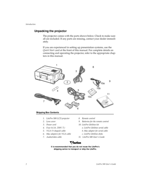 Page 6Introduction
2LitePro 580 User’s Guide
Unpacking the projector
The projector comes with the parts shown below. Check to make sure 
all are included. If any parts are missing, contact your dealer immedi-
ately.
If you are experienced in setting up presentation systems, use the 
Quick Start card at the front of this manual. For complete details on 
connecting and operating the projector, refer to the appropriate chap-
ters in this manual.
. 
s
It is recommended that you do not reuse the LitePro’s 
shipping...