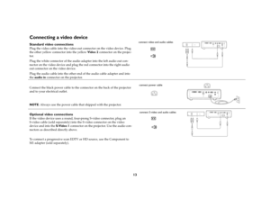 Page 1313
Connecting a video device Standard video connectionsPlug the video cable into the video-out connector on the video device. Plug 
the other yellow connector into the yellow Video 2 connector on the projec-
tor. 
Plug the white connector of the audio adapter into the left audio out con-
nector on the video device and plug the red connector into the right audio 
out connector on the video device. 
Plug the audio cable into the other end of the audio cable adapter and into 
the audio in connector on the...