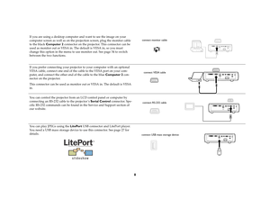 Page 88
If you are using a desktop computer and want to see the image on your 
computer screen as well as on the projection screen, plug the monitor cable 
to the black Computer 2 connector on the projector. This connector can be 
used as monitor out or VESA in. The default is VESA in, so you must 
change this option in the menu to use monitor out. See page 34 to switch 
between the two functions.
If you prefer connecting your projector to your computer with an optional 
VESA cable, connect one end of the...