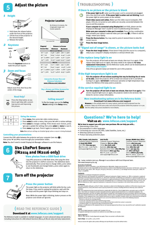 Page 2Project or L ocation
5 
4 
6 
7 
1    Hei ght
2    Keystone
3     Zoom and f ocus
View phot os fr om a USB fla sh drive
1Hold do wn the r elease b utton 
u nder the fr ont of the pr oject or.
2 Lif t the fr ont of the pr oject or t o 
the de sir ed height .
3 Rel ease the b utton.
1Press  menu, then press      or      t o review menu s. 
2 Press  select  to ent er a menu, then press      or      t o review settings.
3 Press  select  t o c han ge a settin g. If this shows  more choic es, pres s
       or...