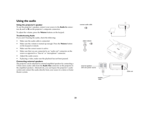 Page 2423
Using the audio Using the projector’s speakerTo use the projector ’s speaker, connect your source to the Audio In connec
-
tors (L and/or R) on the projector ’s composite connectors. To adjust the volume, press the Vo l u m e buttons on the keypad.Troubleshooting AudioIf you aren’t hearing the audio, check the following: Make sure the audio cable is connected. Make sure the volume is turned up enough. Press the Vo l u m e  button 
on the keypad or remote. Make sure the correct source is active....