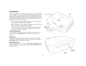 Page 43
IntroductionYour new digital projector is simple to connect, easy to use, and straightfor
-
ward to maintain. It is a versatile projector that is flexible enough for busi
-
ness presentations and home video viewing too. The IN24 has native SVGA 
800x600 resolution while the IN26 has native XGA 1024x768 resolution. This 
guide applies to both products. They are compatible with a wide variety of 
computers and video devices, including: IBM-compatible computers, including laptops, up to 1024x768 resolu...