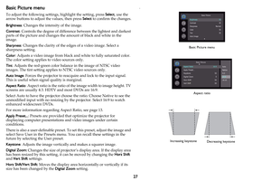 Page 2827
Basic Picture menu
To adjust the following settings, highlight the setting, press Select, use the 
arrow buttons to adjust the values, then press Select to confirm the changes.
Brightness: Changes the intensity of the image.
Contrast: Controls the degree of difference between the lightest and darkest 
parts of the picture and changes the amount of black and white in the 
image.
Sharpness: Changes the clarity of the edges of a video image. Select a 
sharpness setting.
Color: Adjusts a video image from...