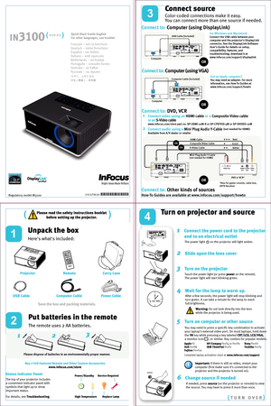 Page 1S-Video Cable
12 4
1    Connect the power cord to the projector
       and to an electrical outlet
3    Turn on the projector
4    Wait for the lamp to warm up
5    Turn on computer or other source
6    Change source if needed
The power light       on the projector will light amber.
Touch the power light (or press power on the remote).
The power light will start blinking green.
After a few seconds, the power light will stop blinking and 
turn green. It can take a minute for the lamp to reach 
full...