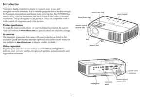 Page 54
Introduction
Your new digital projector is simple to connect, easy to use, and 
straightforward to maintain. It is a versatile projector that is flexible enough 
for business presentations and home video viewing too. The IN3902LB has 
native XGA 1024x768 resolution, and the IN3904LB has WXGA 1280x800 
resolution. This guide applies to all products. They are compatible with a 
wide variety of computers and video devices.
Product specifications
To read the latest specifications on your multimedia...