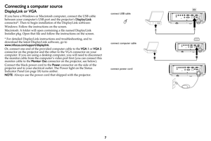 Page 87
Connecting a computer source
DisplayLink or VGA
If you have a Windows or Macintosh computer, connect the USB cable 
between your computers USB port and the projectors DisplayLink 
connector*. Then to begin installation of the DisplayLink software: 
Windows: Follow the instructions on the screen.
Macintosh: A folder will open containing a file named DisplayLink 
Installer.pkg. Open that file and follow the instructions on the screen.
* For detailed DisplayLink instructions and troubleshooting, and to...