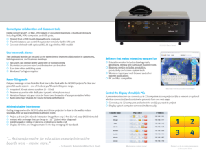 Page 3Connect \bour colla\foration and classroom tools
Easily connect your PC or Mac, DVD player, or document reader via a multitude of inputs, 
including HDMI, VGA, composite, and USB ports.
¡ Present from a USB thumb drive without a computer
¡  IT administrators can control the projector remotely via the LAN port
¡  Connect wirelessly with optional 802.11 b/g wireless USB module
Software that makes inter\dacting eas\b and fun\d
¡  Education version includes drawing, math, 
  geography, literacy and...