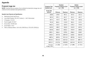 Page 4948
Appendix
Projected image size
NOTE: Visit the Service section of our website for interactive image size cal-
culators for the standard and optional lenses.
Standard Lens Features and Specifications:
• Motorized Zoom and Focus
• Lens Shift Position: 50-110% Vertical; +/-60% Horizontal
• F-Number: 2.0-2.32
• Focal Length: 21.5-28.7
• Screen Size: 30-500 inch
• Zoom Ratio: 1.33:1
• Throw Distance Ratio: 1.45-1.93:1 (WUXGA); 1.52-2.03:1 (WXGA)
Projection Size:
Standard Lens
WUXGA
Projection Distance...