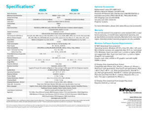 Page 4www.infocus.com
InFocus Corporate Headquarters13190 SW 68th Parkway
Portland, Oregon  97223-8368, USA
Phone:  (1) 503-207-4700
Toll Free:  (1) 877-388-8385
Fax:  (1) 503-207-4707
Optional Accessories
Replacement  Lamp (SP-LAMP- 043)
Wireless Network Adapter (SP-WIFIUSB)
Presenter RF Remote with USB Receiver (HW-PRESENTER-2)
Extended warranties (PROJ-EW1YR-MC, PROJ-EW2YR-MC)
ATA Shipping Case (CA-ATA-MOB)
Security Lock (SEC-LOCK- 01)
Projector Screens
For more information, please visit:...