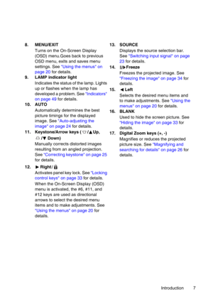 Page 7Introduction 7 8. MENU/EXIT
Turns on the On-Screen Display 
(OSD) menu.Goes back to previous 
OSD menu, exits and saves menu 
settings. See Using the menus on 
page 20 for details.
9. LAMP indicator light
Indicates the status of the lamp. Lights 
up or flashes when the lamp has 
developed a problem. See Indicators 
on page 49 for details.
10. AUTO
Automatically determines the best 
picture timings for the displayed 
image. See Auto-adjusting the 
image on page 24 for details.
11. Keystone/Arrow keys ( /...