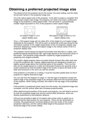 Page 10Positioning your projector 10
Obtaining a preferred projected image size
The distance from the projector lens to the screen, the zoom setting, and the video 
format each factors in the projected image size.
4:3 is the native aspect ratio of this projector. To be able to project a complete 16:9 
(widescreen) aspect ratio image, the projector can resize and scale a widescreen 
image to the projectors native aspect width. This will result in a proportionally 
smaller height equivalent to 75% of the...