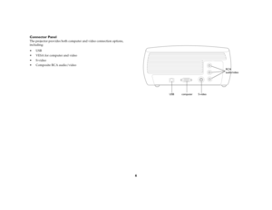 Page 56 Connector Panel
The projector provides both computer and video connection options, 
including: 
USB
 VESA for computer and video
 S-video
 Composite RCA audio/video
computer S-videoRCA
audio/video
USB 