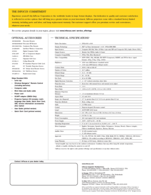 Page 4THE INFOCUS COMMITMENT
Experience yourself why InFocus Corporation is the worldwide leader in large format displays. Our dedication to quality and customer satisfaction
is reflected in ser vice options that will bring you a greater return on your investment. InFocus projectors come with a standard factor y limited
warranty, including par ts and labor, and lamp replacement warranty. Our customer suppor t of fers you premium ser vice and convenience,
whatever your needs.
For ser vice program details in...