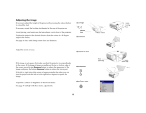 Page 1313
Adjusting the imageIf necessary, adjust the height of the projector by pressing the release button 
to extend the foot. 
If necessary, rotate the leveling foot located at the rear of the projector.
Avoid placing your hands near the hot exhaust vent in front of the projector.
Position the projector the desired distance from the screen at a 90 degree 
angle to the screen. 
See page 44 for a table listing screen sizes and distances.
Adjust the zoom or focus.
If the image is not square, first make sure...