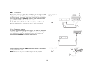 Page 1818
VGA connectionIf your video device has a 15-pin VGA output, plug one end of the included 
computer cable into the VGA connector on your video source. This connec-
tor may be labeled “To Monitor” on the video source. Plug the M1 computer 
end of the cable into the Computer In connector on the projector. Do not 
plug the USB end of this cable into the video device.
Use the A/V cable’s red and white audio connectors as described on the 
previous page (the yellow connectors on the A/V cable are not...