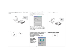 Page 1514
No computer image, just the words “Signal out of 
range” 
Adjust computer refresh rate in Control Panel>Display>Settings>Advanced>
 
Adapter (location varies by operating 
system)
Computer image projected
For PC: Image fuzzy or cropped 
Set your computer’s display resolution to the native resolution of the projector 
(Start>Settings>Control 
Panel>Display>Settings tab, select 
1280x800) 
Image clear and not cropped
A
Signal out of
range
You may also need to set a different 
resolution on your...