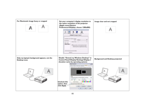 Page 1615
For Macintosh: Image fuzzy or cropped
Set your computer’s display resolution to 
the native resolution of the projector 
(Apple menu>System 
Preferences>Displays, choose 1280x800) 
Image clear and not cropped
Only my laptop’s background appears, not the 
Desktop icons 
Disable “Extend my Windows Desktop” in Control Panel>Display>Settings>Display 2 
(location varies by operating system)
Background and Desktop projected
A
A
A
A
A
 
Uncheck this
option, then
click Apply
A
A 