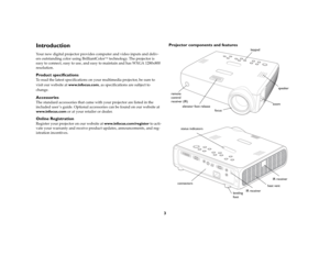 Page 43
IntroductionYour new digital projector provides computer and video inputs and deliv
-
ers outstanding color using BrilliantColor
™ technology. The projector is 
easy to connect, easy to use, and easy to maintain and has WXGA 1280x800 
resolution. 
Product specificationsTo read the latest specifications on your multimedia projector, be sure to 
visit our website at www.infocus.com, as specifications are subject to 
change. AccessoriesThe standard accessories that came with your projector are listed in...