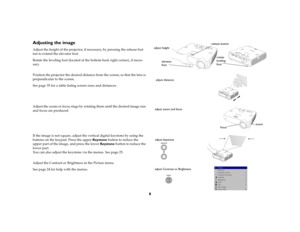 Page 98
Adjusting the imageAdjust the height of the projector, if necessary, by pressing the release but
-
ton to extend the elevator foot. Rotate the leveling foot (located at the bottom back right corner), if neces
-
sary.
 
Position the projector the desired distance from the screen, so that the lens is 
perpendicular to the screen. See 
page
 35 for a table listing screen sizes and distances.
 
    Adjust the zoom or focus rings by rotating them until the desired image size 
and focus are produced....