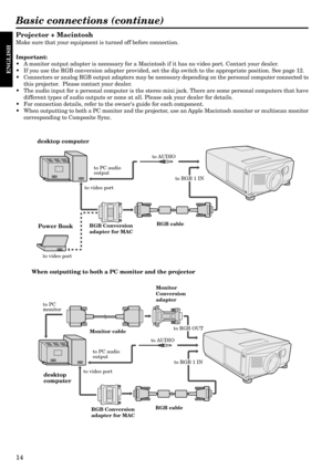 Page 1414
ENGLISH
Projector + Macintosh
Make sure that your equipment is turned off before connection.
Important:
¥ A monitor output adapter is necessary for a Macintosh if it has no video port. Contact your dealer.
¥ If you use the RGB conversion adapter provided, set the dip switch to the appropriate position. See page 12.
¥ Connectors or analog RGB output adapters may be necessary depending on the personal computer connected to
this projector.  Please contact your dealer.
¥ The audio input for a personal...