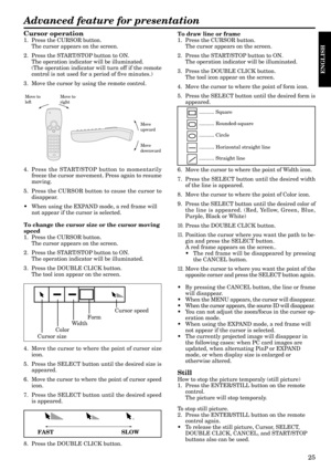 Page 2525
ENGLISH
Advanced feature for presentation
Cursor operation
1. Press the CURSOR button.
The cursor appears on the screen.
2. Press the START/STOP button to ON.
The operation indicator will be illuminated.
(The operation indicator will turn off if the remote
control is not used for a period of five minutes.)
3. Move the cursor by using the remote control.
4. Press the START/STOP button to momentarily
freeze the cursor movement. Press again to resume
moving.
5. Press the CURSOR button to cause the cursor...