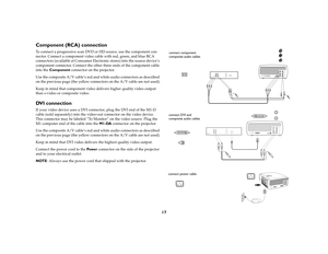 Page 1817
Component (RCA) connectionTo connect a progressive scan DVD or HD source, use the component con-
nector. Connect a component video cable with red, green, and blue RCA 
connectors (available at Consumer Electronic stores) into the source device’s 
component connector. Connect the other three ends of the component cable 
into the Component connector on the projector.
Use the composite A/V cable’s red and white audio connectors as described 
on the previous page (the yellow connectors on the A/V cable...