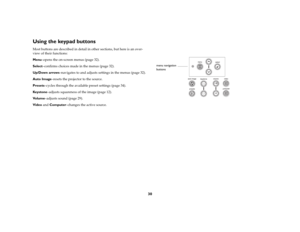 Page 3130
Using the keypad buttonsMost buttons are described in detail in other sections, but here is an over-
view of their functions:
Menu–opens the on-screen menus (page 32).
Select–confirms choices made in the menus (page 32).
Up/Down arrows–navigates to and adjusts settings in the menus (page 32).
Auto Image–resets the projector to the source.
Presets–cycles through the available preset settings (page 34).
Key s t o n e–adjusts squareness of the image (page 12).
Vo l u m e–adjusts sound (page 29).
Video...