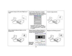 Page 2323
no computer image, just the words “Signal out of 
range” press the Auto Image button on keypad
computer image projected
Only my laptop’s background appears, not the 
Desktop icons Disable “Extend my Windows Desktop” in 
Control Panel>Display>Settings>Display 2 
(location varies by operating system)Background and Desktop projected
A
Signal out of
range
Panel>Display>Settings>Advanced>Adapter
(location varies by operating system)
you may also need to set a different 
resolution on your computer, as...