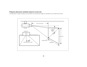 Page 2323
Projector placement calculator based on screen sizeThe following is a sample of image sizes and offsets. See our interactive image size calculator on our website for more info. 
CENTER 
VERTICAL 
OFFSET
SCREEN HEIGHT
SCREEN W IDTH
PROJECTION DISTANCE
SCREEN DIAGONAL
CENTER HORIZONTAL OFFSETSIDE VIEWREAR VIEW 