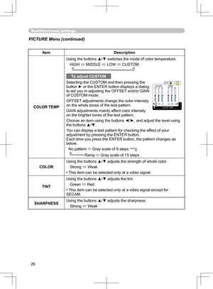 Page 26
26

Multifunctional settings
ItemDescription
COLOR TEMP
Using the buttons ▲/▼ switches the mode of color temperature.
HIGH  MIDDLE  LOW  CUSTOM     
To adjust CUSTOM
Selecting the CUSTOM and then pressing the button ► or the ENTER button displays a dialog 
to aid you in adjusting the OFFSET and/or GAIN 
of CUSTOM mode.
OFFSET adjustments change the color intensity 
on the whole tones of the test pattern.
GAIN adjustments mainly affect color intensity 
on the brighter tones of the test pattern.
Choose...