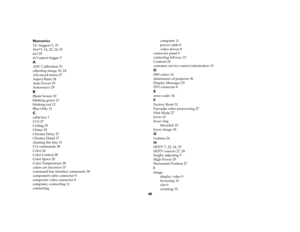 Page 4140 Numerics
12v triggers 5, 35
16x9 5, 14, 22, 24, 25
4x3 25
4x3 aspect trigger 5AADC Calibration 31
adjusting image 10, 24
Advanced menu 27
Aspect Ratio 24
Auto Power 29
Autosource 29BBlank Screen 30
blinking green 12
blinking red 12
Blue Only 31Ccable box 7
CCS 27
Ceiling 29
Chime 30
Chroma Delay 27
Chroma Detail 27
cleaning the lens 31
CLI commands 38
Color 24
Color Control 28
Color Space 28
Color Temperature 28
colors are incorrect 15
command line interface commands 38
component cable connector 8...