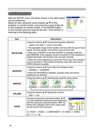 Page 34
34

Multifunctional settings
SETUP Menu
ItemDescription
KEYSTONE
Using the buttons ▲/▼ corrects the keystone distortion.
Upper in the data  Lower in the data
•  The adjustable range of this function will vary with the type of input 
signal. At some signals, this function may not work well.
• When the V:INVERT or the H&V:INVERT is selected under the item MIRROR, if the projector screen is inclined or if the projector is 
angled downward, this function may not work correctly.
• When the zoom adjustment...