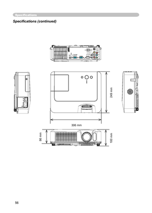 Page 56
56
Speciﬁcations
Speciﬁcations (continued)
Y R
L
AUDIO IN2AUDIO OUTCONTROL RGB IN1
RGB IN2 USB
RGB OUTAUDIO IN1LANLINKACTVIDEOS-VIDEO
CB/PBCR/PRK
306 mm
249 
mm
100
 mm86 mm 