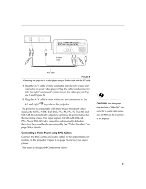 Page 1911
FIGURE 8
Connecting the projector to a video player using an S-video cable and the A/V cable
4Plug the A/V cable’s white connector into the left “audio out” 
connector on your video player. Plug the cable’s red connector 
into the right “audio out” connector on the video player (Fig-
ure 7 and Figure 8).
CAUTION: Your video player 
may also have a “Video Out” con-
nector for a coaxial cable connec-
tion. DO NOT use this to connect 
to the projector. 
5Plug the A/V cable’s other white and red...