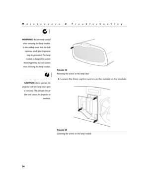 Page 4436
Maintenance & Troubleshooting
WARNING: Be extremely careful
when removing the lamp module.
In the unlikely event that the bulb
ruptures, small glass fragments
may be generated. The lamp
module is designed to contain
these fragments, but use caution
when removing the lamp module.
F
IGURE 24
Removing the screws on the lamp door 
CAUTION: Never operate the
projector with the lamp door open
or removed. This disrupts the air
flow and causes the projector to
overheat.
4Loosen the three captive screws on the...