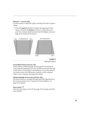 Page 2923
Keystone + - (remote only) 
Use this feature to adjust the image vertically and make a squarer 
image.
1Press the 
keystone + button to reduce the upper part of the 
image, and press the 
keystone - button to reduce the lower 
part. You can also adjust keystone from the Display menu (see 
page 26 for details on the menu).
FIGURE 18
Adjusting the keystone
Forward/back buttons (remote only) 
These buttons act like the page up and page down buttons on 
your computer’s keyboard. You can use them to...