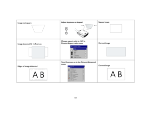 Page 1413
Image not squareAdjust keystone on keypadSquare image
Image does not fit 16:9 screenChange aspect ratio to 16:9 in 
Picture>Aspect ratio menuCorrect image
Edges of image distortedTurn Overscan on in the Picture>Advanced 
menu
Correct image
AB
AB 