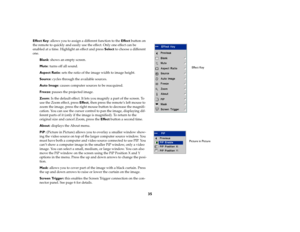 Page 3735
Effect Key: allows you to assign a different function to the Effect button on 
the remote to quickly and easily use the effect. Only one effect can be 
enabled at a time. Highlight an effect and press Select to choose a different 
one. 
Blank: shows an empty screen. 
Mute: turns off all sound. 
Aspect Ratio: sets the ratio of the image width to image height.
Source: cycles through the available sources.
Auto Image: causes computer sources to be reacquired.
Freeze: pauses the projected image.
Zoom: Is...