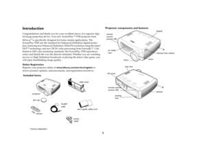 Page 33
IntroductionCongratulations and thank you for your excellent choice of a superior digi-
tal image projection device. Your new ScreenPlay™ 5700 projector from 
InFocus
® is specifically designed for home cinema applications. The 
ScreenPlay 5700 sets the standard for Enhanced-Definition digital perfec-
tion, featuring true Enhanced Definition 1024x576 resolution using the latest 
DLP™ technology and new DCDi video processing from Faroudja™. Cali-
brated to D65 color mastering standards, the ScreenPlay...